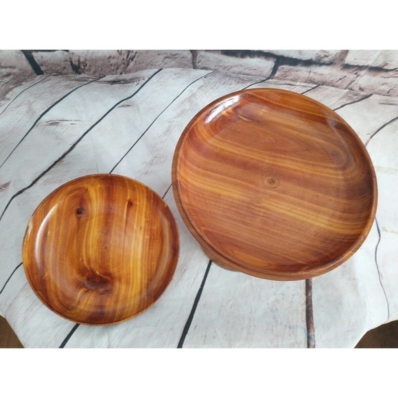 Vintage Hand Turned WOOD PEDESTAL COVERED CANDY Dog treat BOWL DISH BOX - Picture 6 of 9